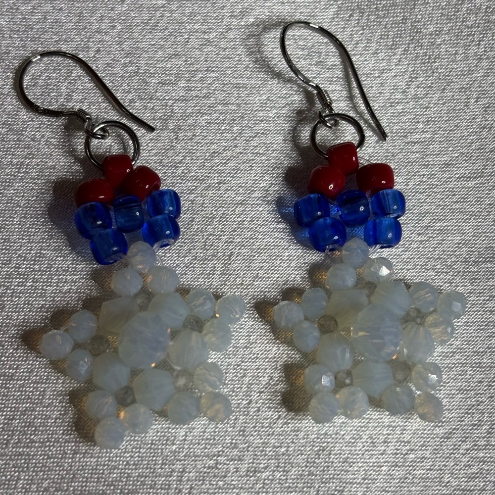 Hand Crafted Patriotic Holiday Earrings red white and blue beads 2 inches - Picture 3 of 3